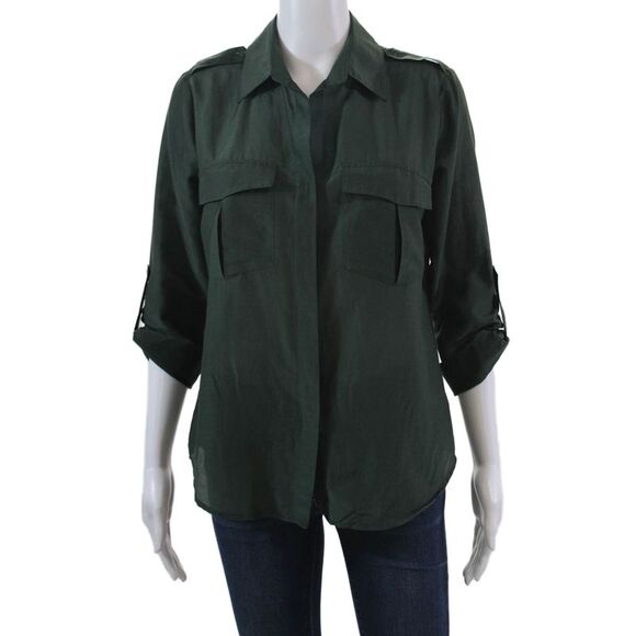 L'Agence Tops - L'Agence Womens Cotton Long Sleeve Collared Button-Down Shirt Green Size S